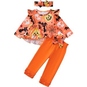 Kislio Toddler Baby Girls Fall Winter Clothes Pumpkin Ghost Shirt Tops Ruffle Pants Set Infant Thanksgiving Outfits 3PCS (6-12 Months)