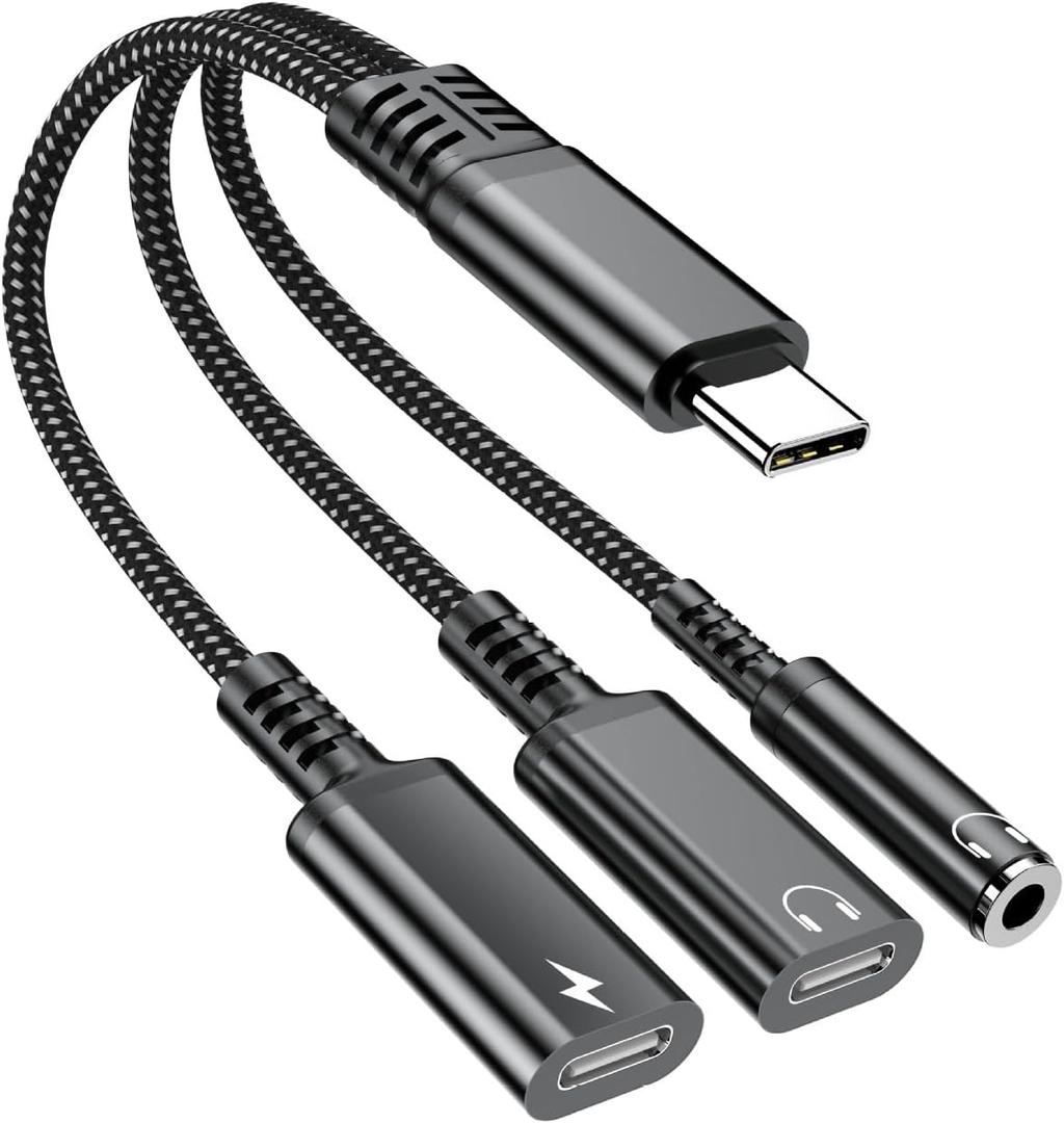 USB-C to 3.5mm Headphone and Charger Adapter, 3 in 1 Type C Aux Splitter Charger Headphone Jack Dongle Cord Compatible for iPhone 15/16/17 Pro/Max/Plus, iPad, Samsung Galaxy S23/S24 Ultra (Black)