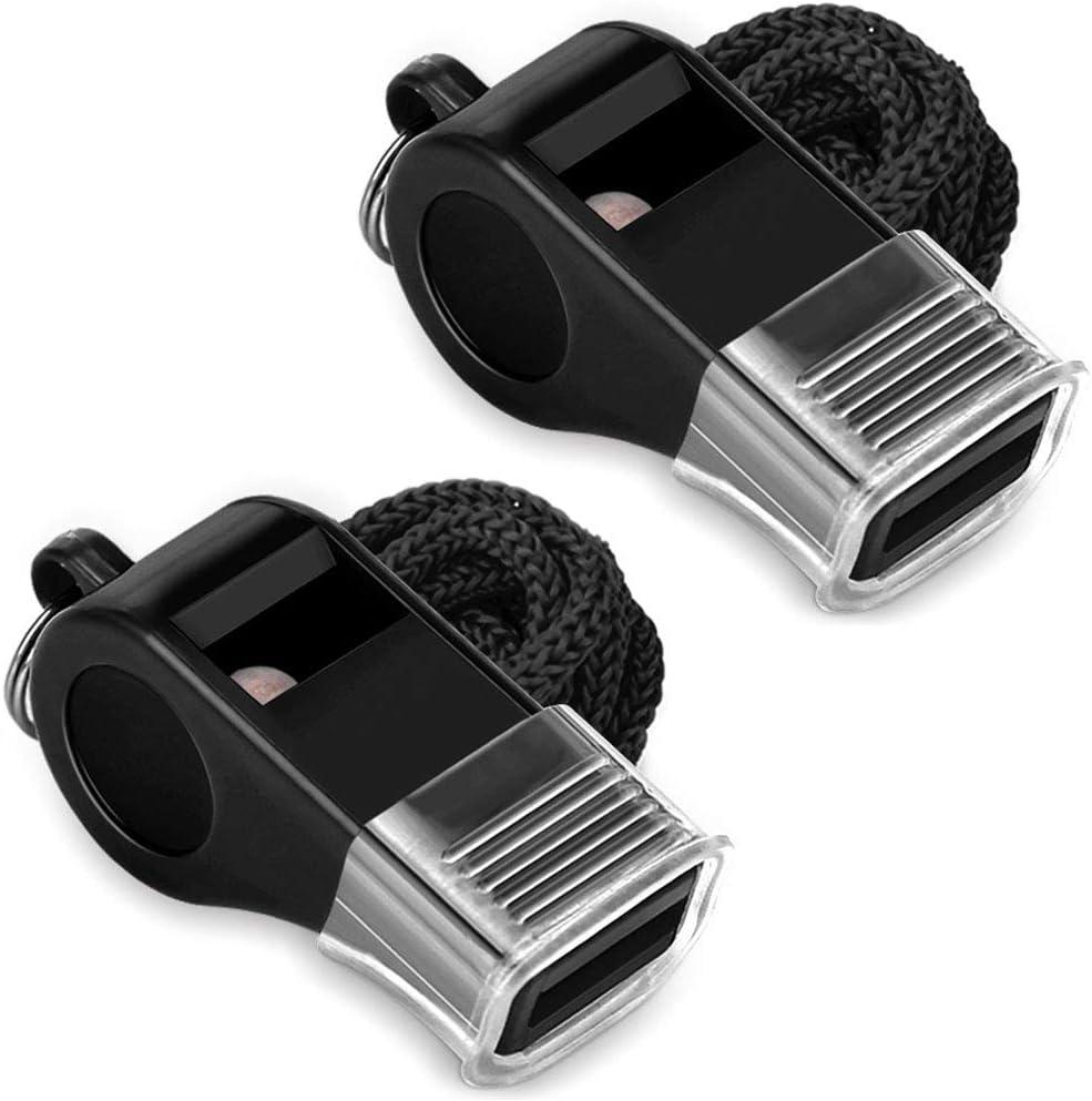 Whistle, 2 Packs Sports Whistles with Lanyard & Mouth Grip, Loud Crisp Sound, Black Plastic Whistles Ideal for Coaches, Referees, and Officials