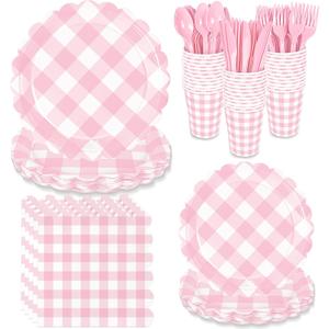 175 Pcs Pink Scalloped Gingham Party Supplies for 25 Guests, Pink and White Checkered Paper Plates, Cups and Napkins Sets for Baby & Bridal Shower, Wedding, Birthday Party, Outdoor Picnic