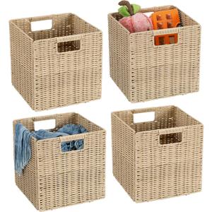 10.5 x 10.5 in Plastic Wicker Baskets for Cube Storage, Collapsible Square Wicker Storage Basket for 11 x 11 Cube Shelves Set of 4, Rattan Storage Cube, Square Baskets for Shelves - Beige
