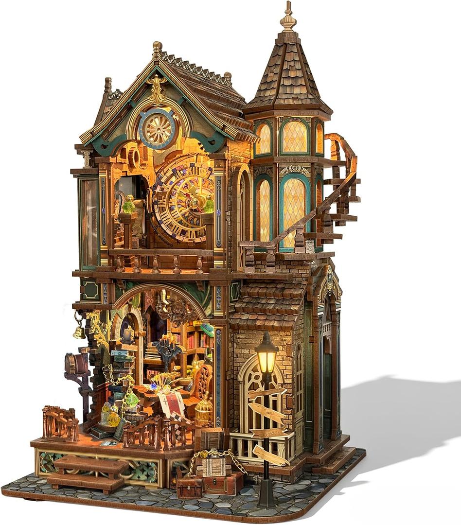 Book Nook Kit Magic Clock Tower 3D Wooden Puzzle for Adults, DIY Miniature House Kit with LED Lights, Creative Home Decor Gift for Display