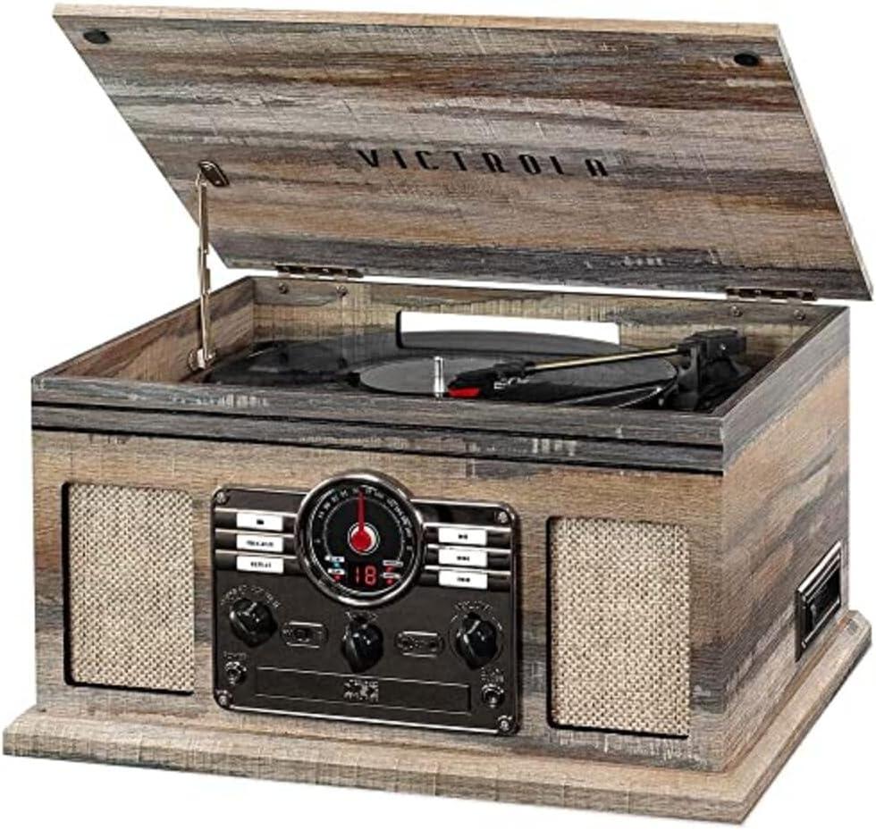 Victrola The Quincy 6-in-1 Bluetooth Record Player & Multimedia Center with Built-in Speakers 3-Speed Turntable, CD & Cassette Player, FM Radio, Wireless Music Streaming (Farmhouse Shiplap Grey)