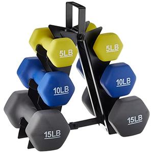 Amazon Basics Neoprene Dumbbell Hand Weights, Rack with 3 Pairs (5, 10, and 15 Pounds), Green/Blue/Grey