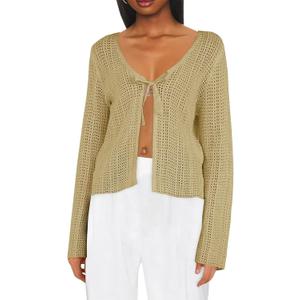 Saodimallsu Womens Summer Crochet Lightweight Cardigans Tie Front Mesh Knit Long Sleeve Casual V Neck Beach Cover Ups (S)