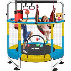 55 Trampoline for Kids - Toddler Trampoline with Adjustable Gymnastic Bar, Indoor/Outdoor Enclosure Net, No-Gap Safe Design, Up to 220 lbs, Gift for Boys & Girls (Stainless Steel, blue yellow)