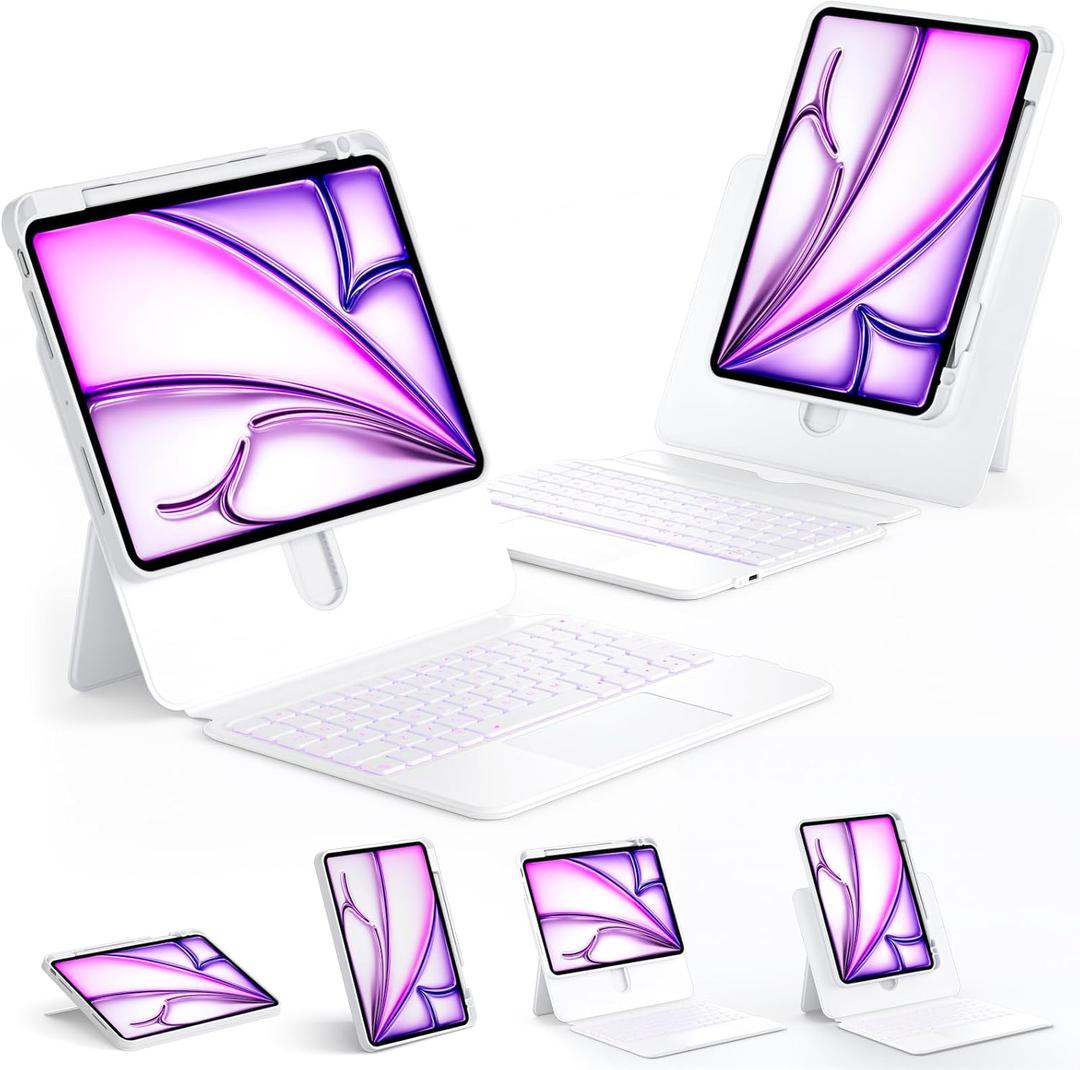 Keyboard Case for iPad Air 13-inch (M2 & M3, 2024 & 2025) and iPad Pro 12.9-inch (36 Gen) with Multi-Touch Trackpad, 360 Rotating Stand, Portrait & Raised Modes, Detachable Cover  White