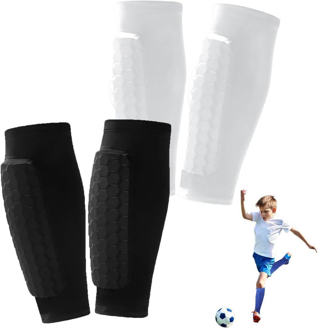 2Pairs Shin Guards Soccer,Ski Guards Socks Calf Compression Sleeve with Honeycomb Pads, Breathable Elastic Anti-Collision for Skiing Snowboarding,Soccer Equipment Ideal for Playing Training (Small, Black and White)