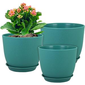 WSMKSZ Large Flower Pots 12/10/9 inch, Set of 3 Modern Decorative Plastic Planters with Drainage Holes and Saucers for House Plants, Plant Pots for Indoor Outdoor Plants, Blue Green