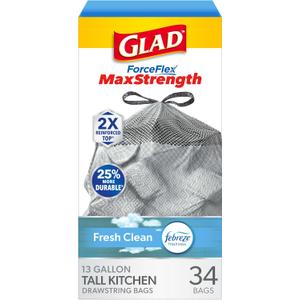 Glad ForceFlex MaxStrength Kitchen Trash Bags, 13 Gal, Fresh Clean Febreze, 34 Ct (Package May Vary)
