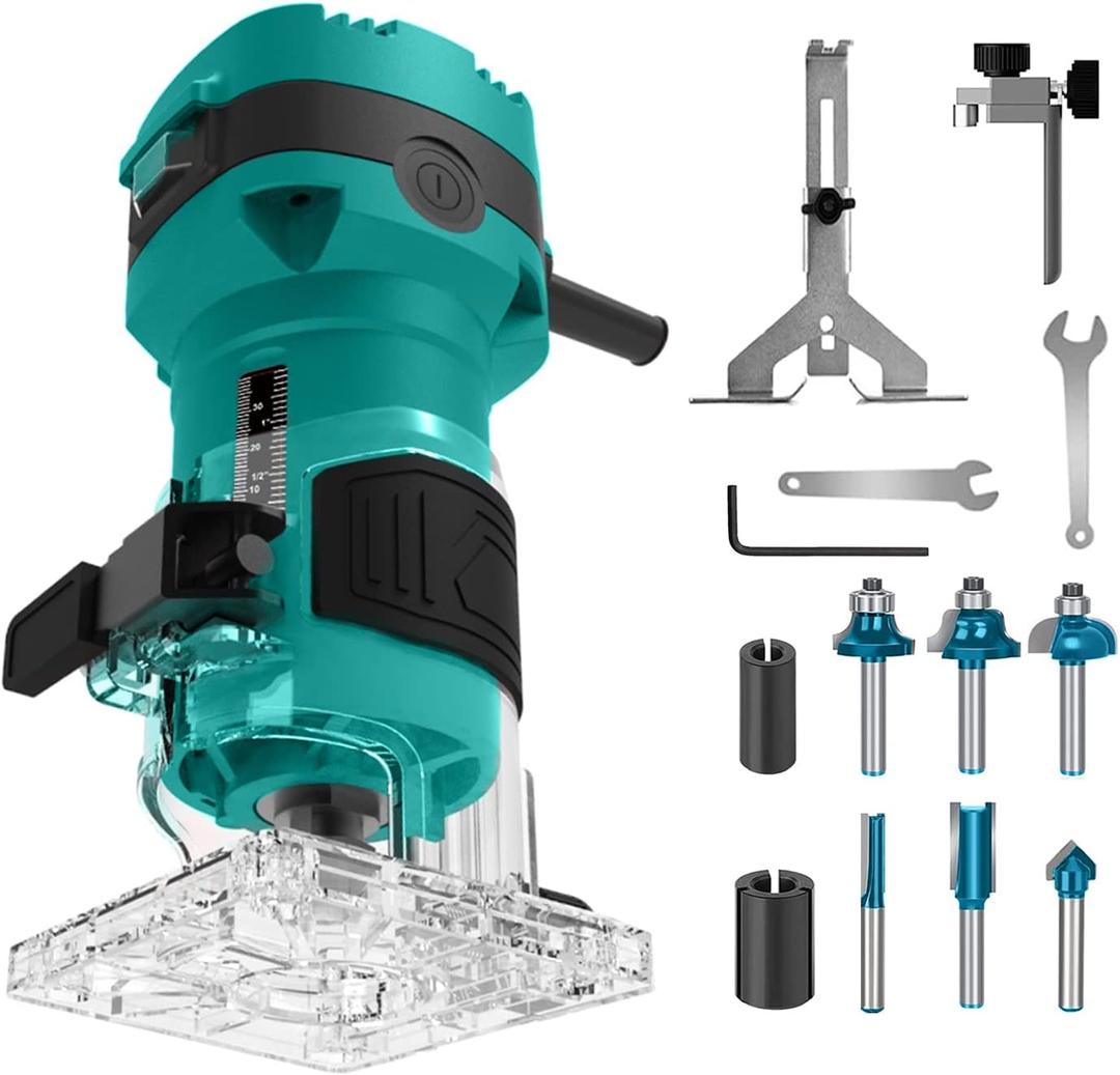 Router Tool For Woodworking, 32000 RPM Compact Palm Wood Routers, Trim Router with 6 Wood Bits, 1/4" Collets and 8mm/12.7mm Adapter