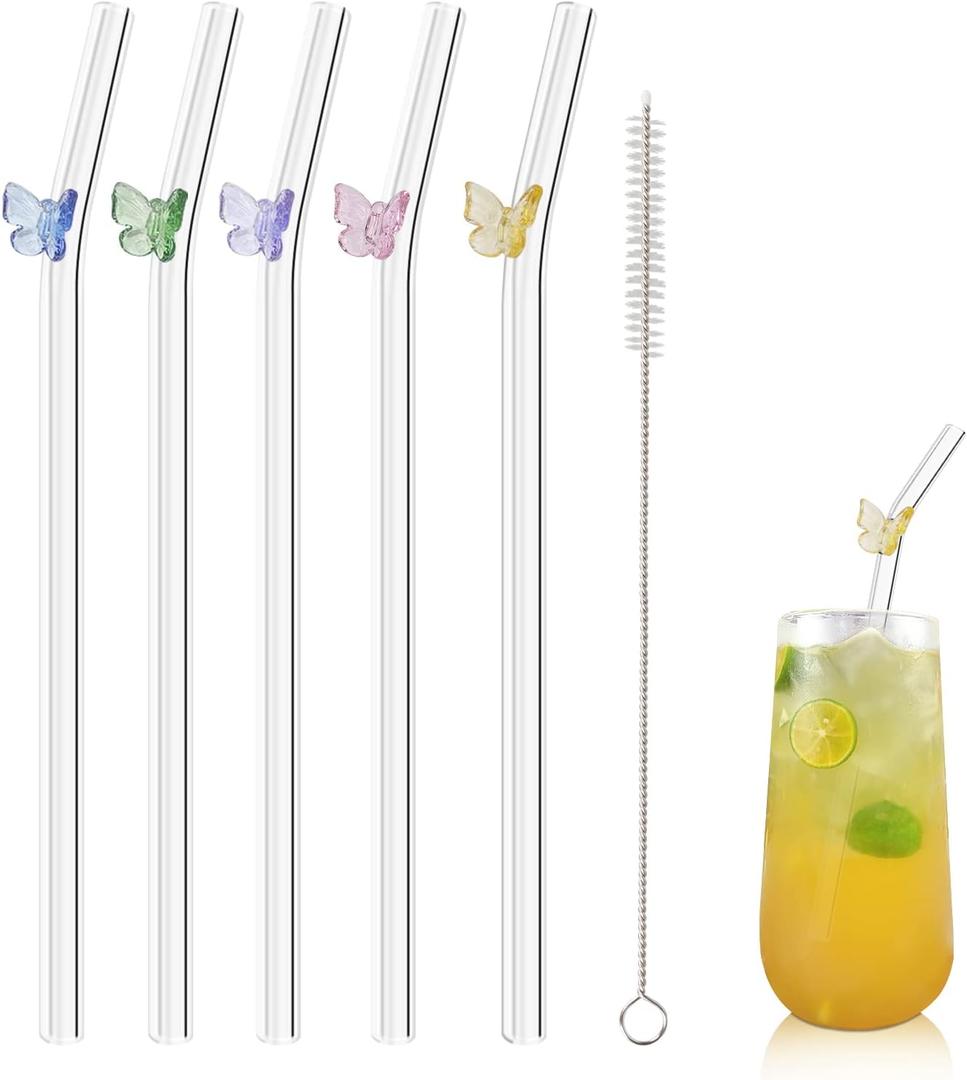 5 Pcs Reusable Straws Clear Glass Straws Colorful Butterfly Design Size 7.8" x 8mm with 1 Cleaning Brush for Smoothies, Milkshakes, Juices, Teas (Colorful Butterfly)