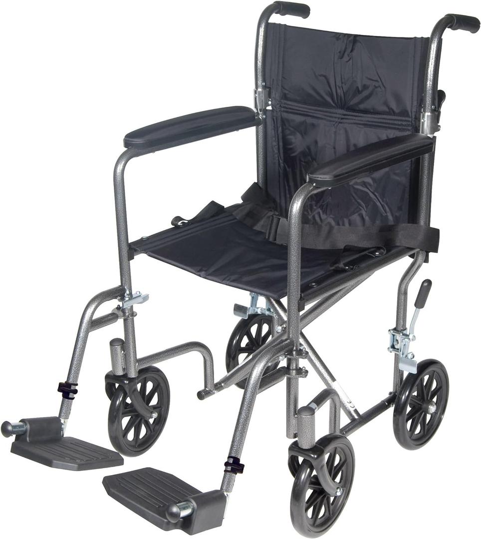 Drive Medical TR37E-SV Lightweight Folding Transport Wheelchair with Swing-Away Footrest, Silver (1 Count (Pack of 1), Silver Vein)