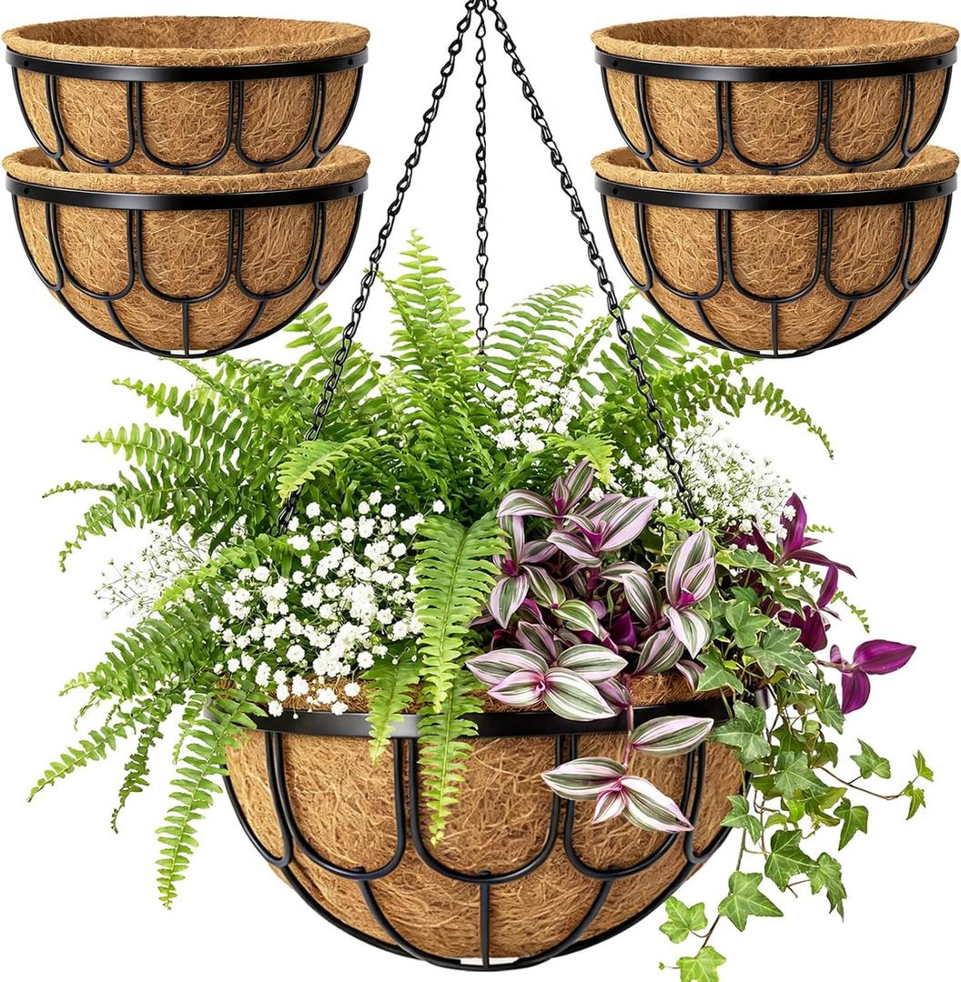 3 x 4 Pack 14 Inch Hanging Planters for Outdoor Plants, Black Metal Wire Hanging Flower Baskets with Coco Coir Liner, Large Hanging Plant Pots for Garden, Patio, Balcony, Indoor Home Decor