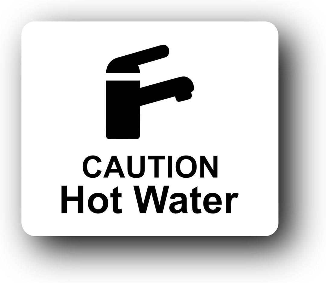 White 'Caution Hot Water' Sign - 4.72"x3.94" (120mm x 100mm) - Rigid 1mm Thick Substrate - UV Printed with Self-Adhesive Backing for Easy Installation
