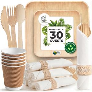 Palm Leaf Bamboo Plates & Pre-Rolled Bamboo Cutlery Party Set - 10 & 7'' Compostable Plates Elegant Pre-Rolled Utensils, Napkins , Cups for Weddings, Events, and Special Occasions For 30 Guests