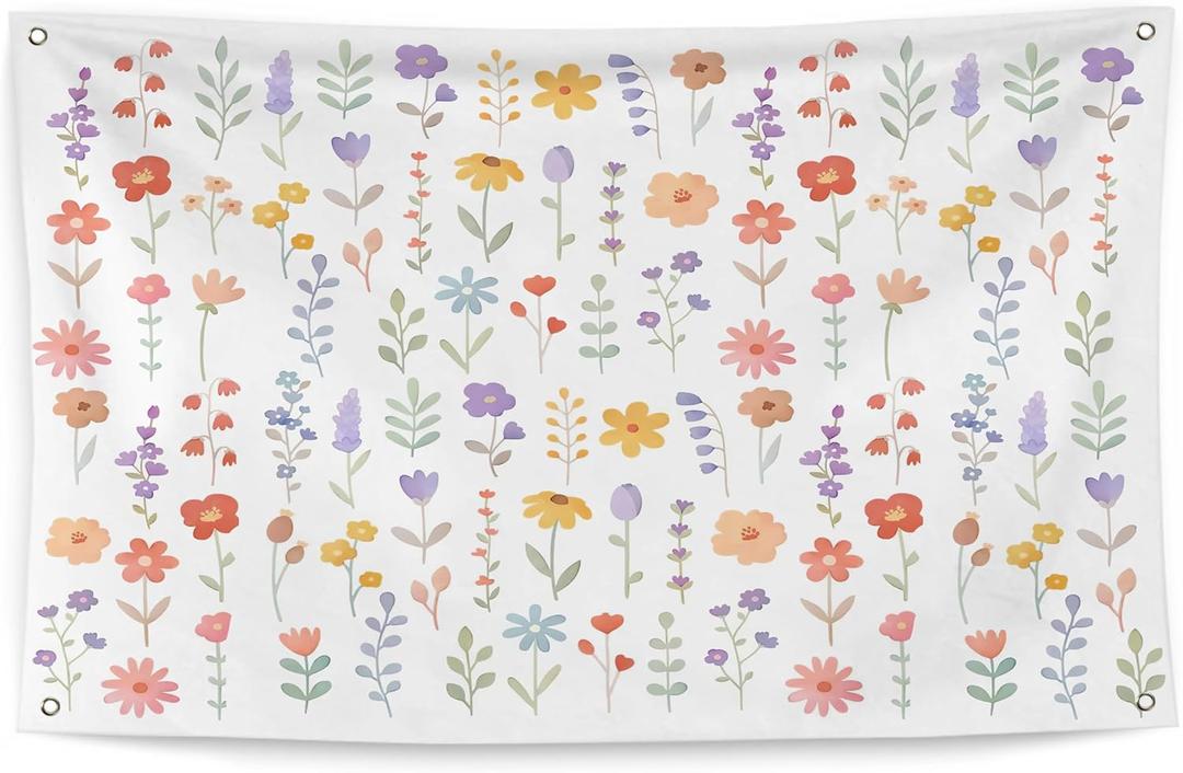 QGFM Wildflower Nursery Wall Decor, Girls Room Wall Decor, Boho Floral Nursery Tapestry Wall Hanging for Toddler Baby Girl Room Bedroom Playroom Decor, 35x59 Inches