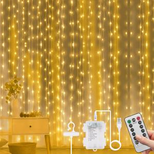 Vicloon Fairy Curtain Lights,300 LED Warm White Curtain Lights,8 Modes 9.89.8Ft Waterproof Window Curtain String Light USB&Battery Powered with Remote Control,String Lights Curtain for Indoor,Outdoor