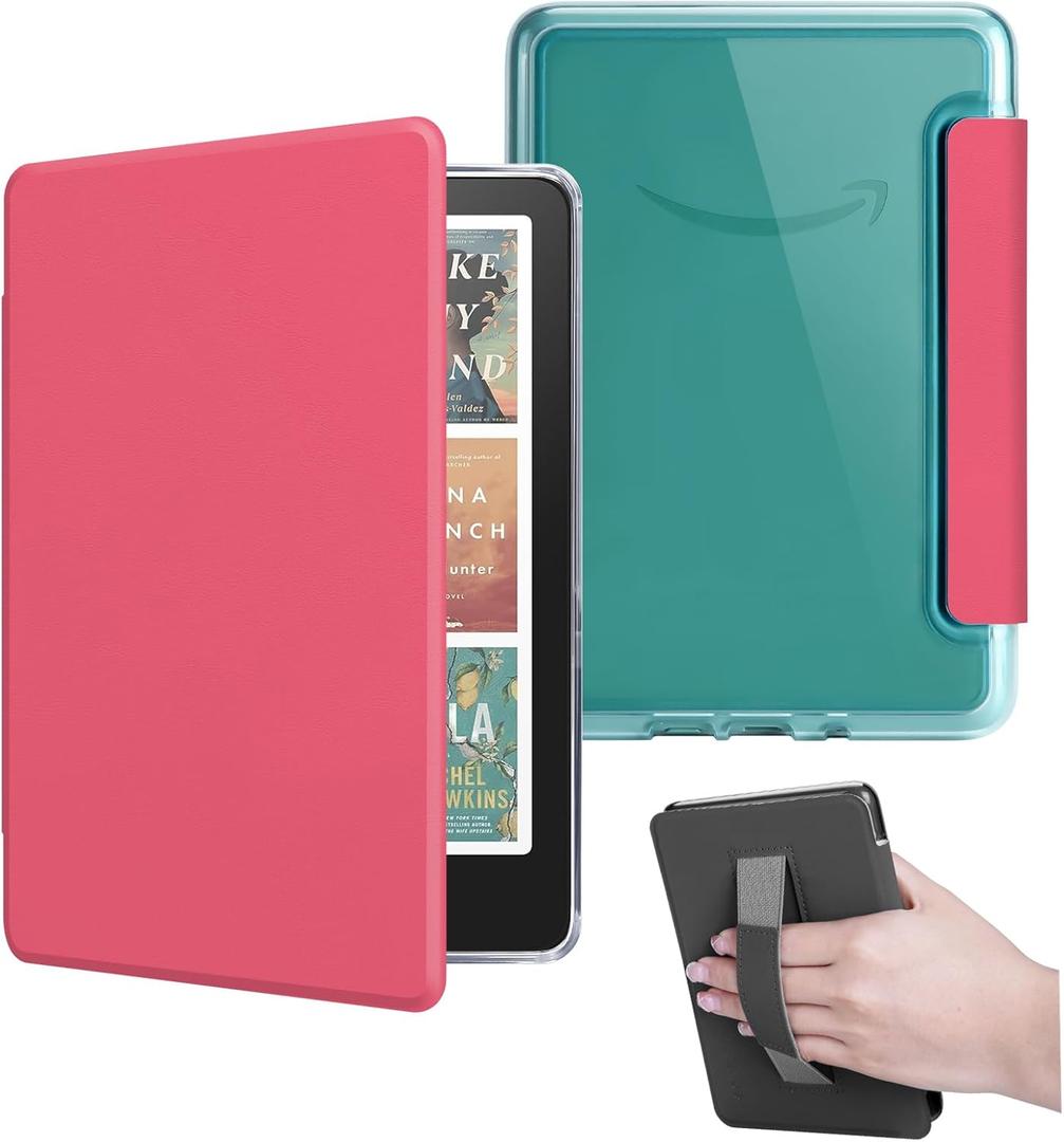 Case for All-New 7" Kindle Paperwhite 12th Gen 2024 and Kindle Color soft Signature Edition, Light PU Leather Cover and Transparent Hard Back with Hand Strap, Auto Sleep/Wake, Watermelon Red
