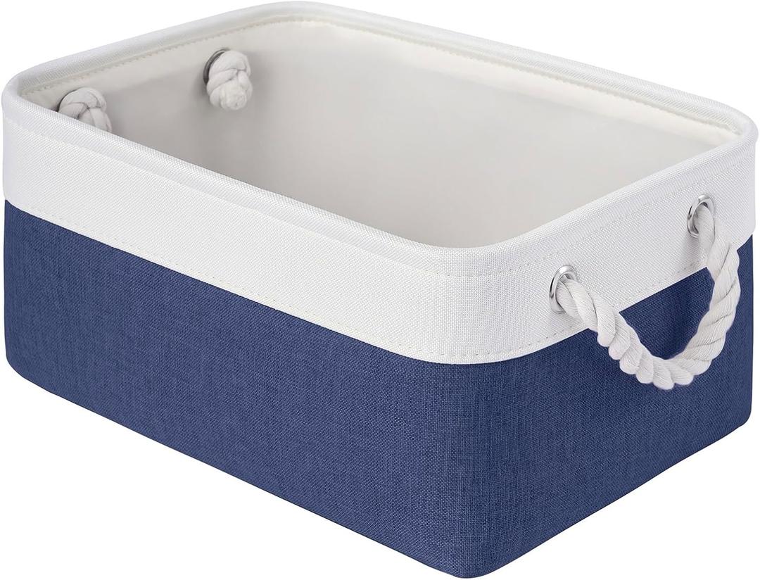 Storage Baskets for Shelves 13.8x9.8x6.7 Inch, Foldable Fabric Storage Bins with Handles, Small Storage Baskets for Organizing Closet, Office, Home Organization (1-Pack, White&Blue)