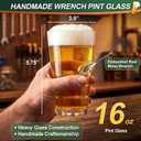 Handmade Wrench Pint Glass 16oz Beer Glass with Embedded Metal Wrench, Unique Mechanic Gift Beer Cup for Dad, Grandpa, Husband, Retirement, Birthday (EXP 09/15/26)