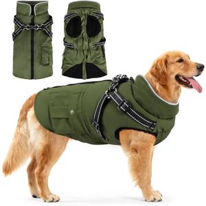 Dog Winter Coat with Harness Built-in | Waterproof Dog Jacket with Zipper & Fleece Lining | Reflective Cold Weather Coat for Small Medium Large Dogs (Army Green)