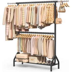 EAGMAK Double Rod Clothing Rack Load 622 LBS, Heavy Duty Clothes Rack for Hanging Clothes, 82.68 inch High Garment Rack with Storage Shelves, Metal Clothing Hanger Closet Wardrobe Organizer (Black)