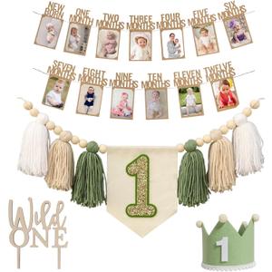 1st Birthday Highchair Banner Decorations Wild One High Chair Banner With Green Tassel Garland Crown Hat Wild One Cake Topper Baby Photo Banner Photoshoot Props Photo Props(Green)