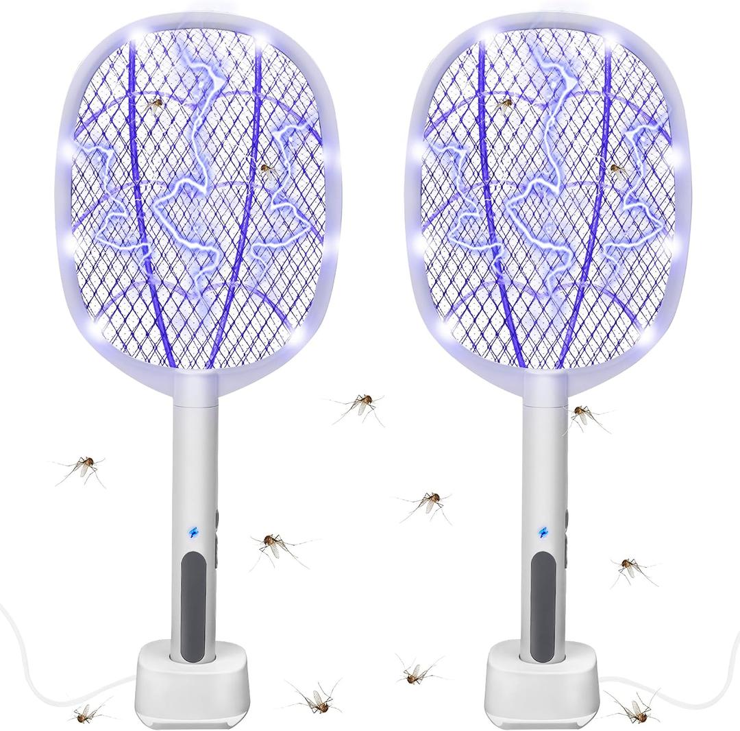 Electric Fly Swatter Rackets, 2-in-1 Handhold Bug Zapper with 3000V High Voltage, Plug-in Mosquito Killer Insect Light Trap with 3 Layer Safety Mesh Portable for Indoor Outdoor Use (2)