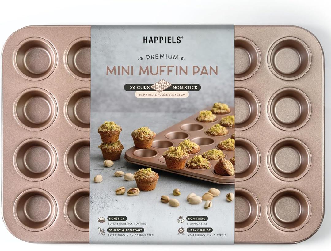 HAPPIELS Non Toxic Nonstick 24 Cup Mini Muffin Pan | PFOA BPA free Nontoxic Mini Cupcake Tin | Best Non Stick Muffin Pans | Carbon Steel Small Muffin tins | Cupcakes Bakeware Mold