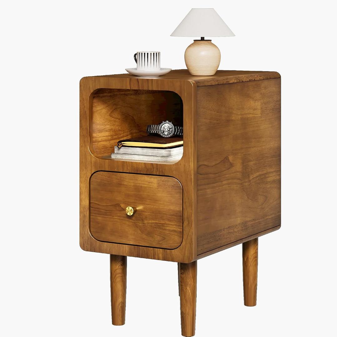 Narrow Nightstand, Solid Wood Night Stand with Drawers, Walnut Mid Century Modern Nightstand, Small Bedside Table with Open Storage Shelf for Bedroom (12 Inch), 11.7*15*22.8inch