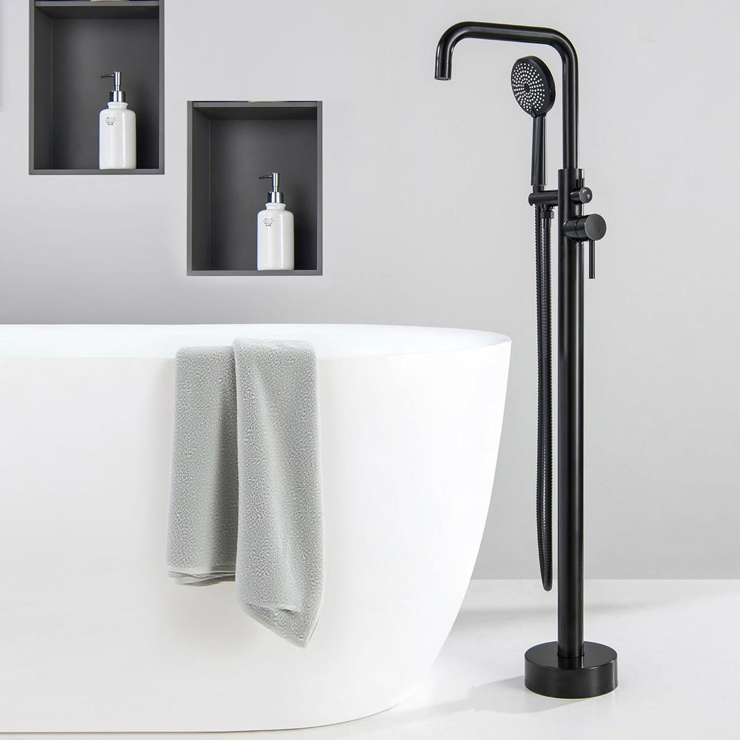 Freestanding Tub Faucet, Floor Mounted Bathtub Filler Standing with 2 Water Outlet Modes, Swivel Right Angle Spout with 5 Function Handheld Sprayer, Matte Black