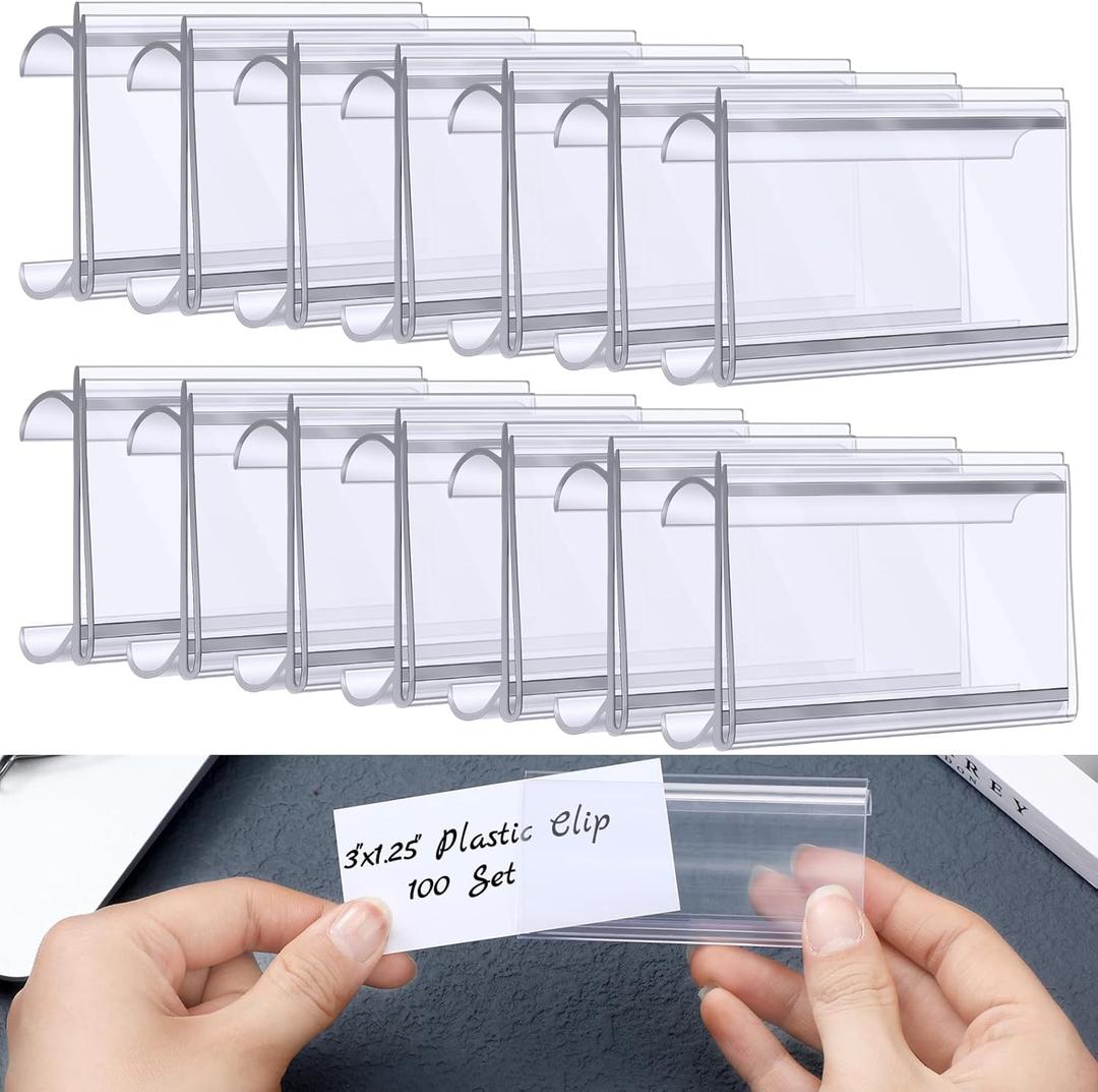 Kathfly 100 Pcs Plastic Wire Shelf Label Holder, Sign and Ticket Holder Clips with Paper Insert Area 3"x1.25" Compatible with Metro 1-1/4 Inch Shelves, Label Inserts Included