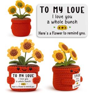 Crochet Sunflower with Love Quote, Handmade Cute Plant Gift for Girlfriend Boyfriend, Romantic Anniversary Present for Wife Husband, Valentine's Day Decoration, Couple Desk Decor