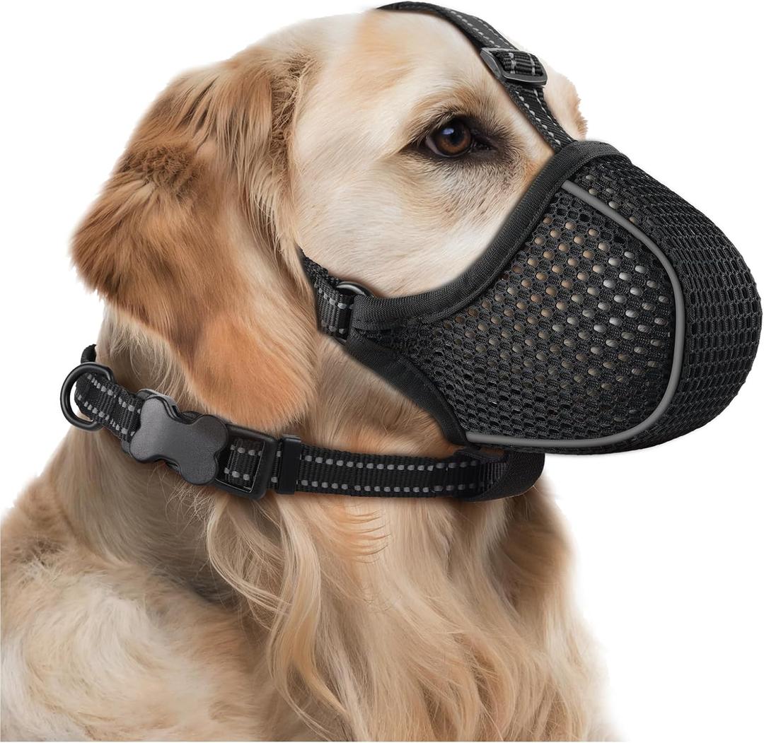 BONTHEE Dog Muzzle, Soft Nylon Muzzles Anti Biting Barking Chewing, Breathable Reflective Adjustable Loop Pets for Small Medium Large Sized Dogs, Allows Panting and Drinking(Black XL)