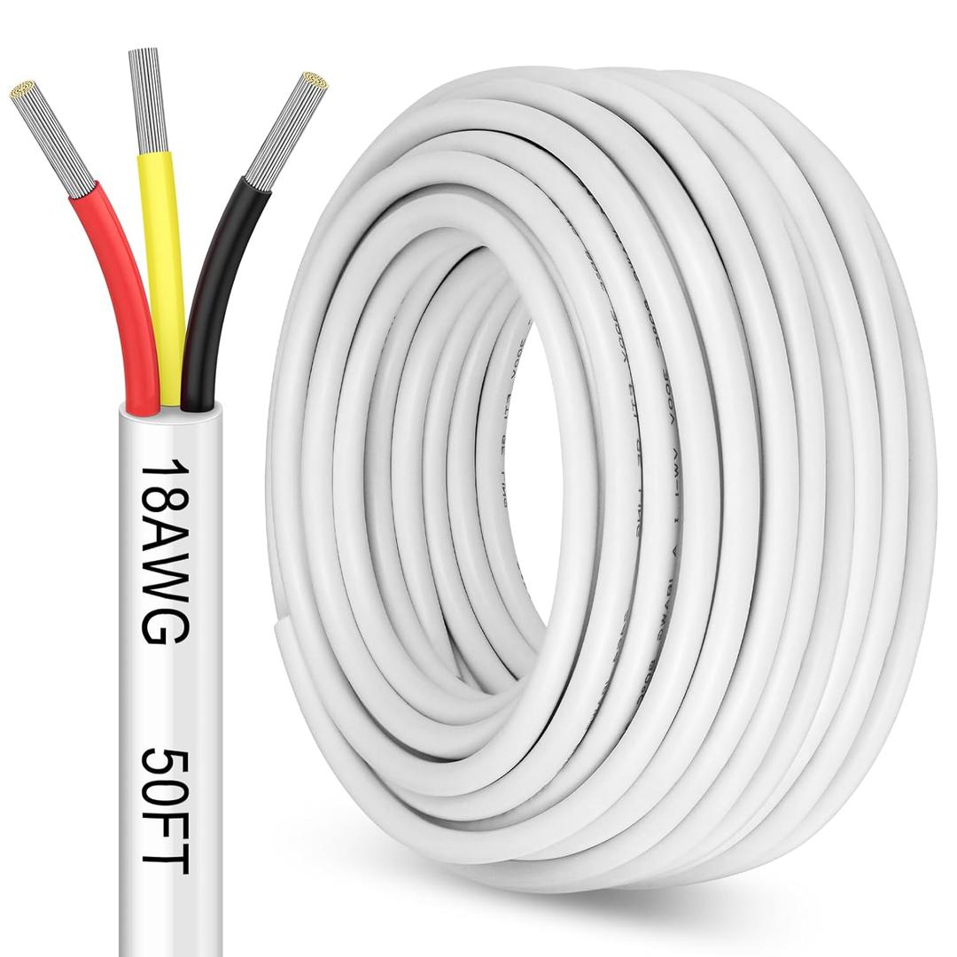 50FT 18 Gauge Wire 3 Conductor, 18/3 Stranded Tinned Copper Wire, 18 AWG Low Voltage Flexible Extension Power Cord for LED Lamp Lighting Automotive, White