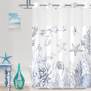 No Hook Shower Curtain with Snap in Liner, Beach Ocean Nautical Coastal Shower Curtains and Liner Set for Bathroom, Seashell Hotel Fabric Bath Curtain, Waterproof Washable, Grey 71" x 74"