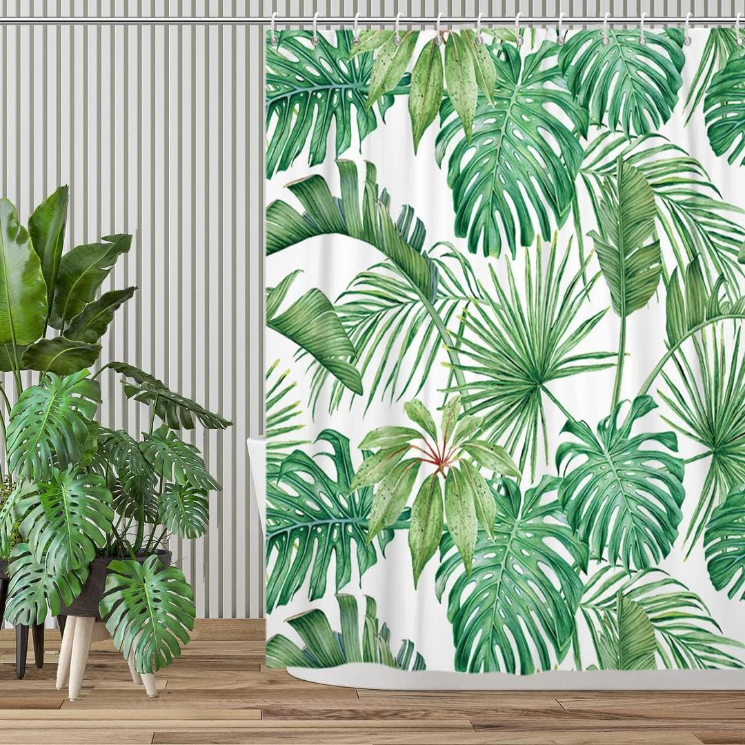 Tropical Leaf Shower Curtain, Summer Green Palms Banana Leaf Monstera Leaves Jungle Botanical Plants Bathroom Curtain Home Decor Waterproof Fabric Machine Washable with 12 Hooks, 72" x 72"