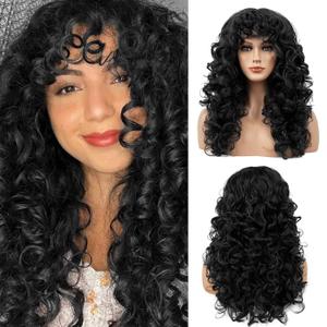 Flufymooz Curly Wig with Bangs for Women, 20 Inch Natural Black Curly Shag Hair Wig, Kinky Curls with Wispy Bangs Heat Resistant Synthetic Wig for WomenNatural Black Flufymooz Curly Wig with Bangs for Women, 20 Inch Natural Black Curly Shag Hair Wig, Kinky Curls with Wispy Bangs Heat Resistant Synthetic Wig for WomenNatural Black