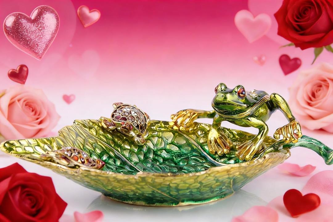 Decorative Leaf Jewelry Dish Tray Ring Dish Trinket Tray Key Bowl, Decorative Plate with Hand Painted Frog and Sea Turtles Trinket Box Hinged Jewelry Boxes Gift for Friends Sisters Daughter Mother (Green_4)