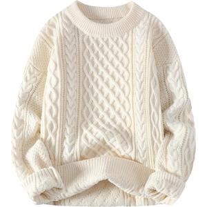 Men's Plush Cable Knited Pullover Sweater Relaxed Long Sleeve Sweater Casual Knit Chunky Sweater Tops, Size L