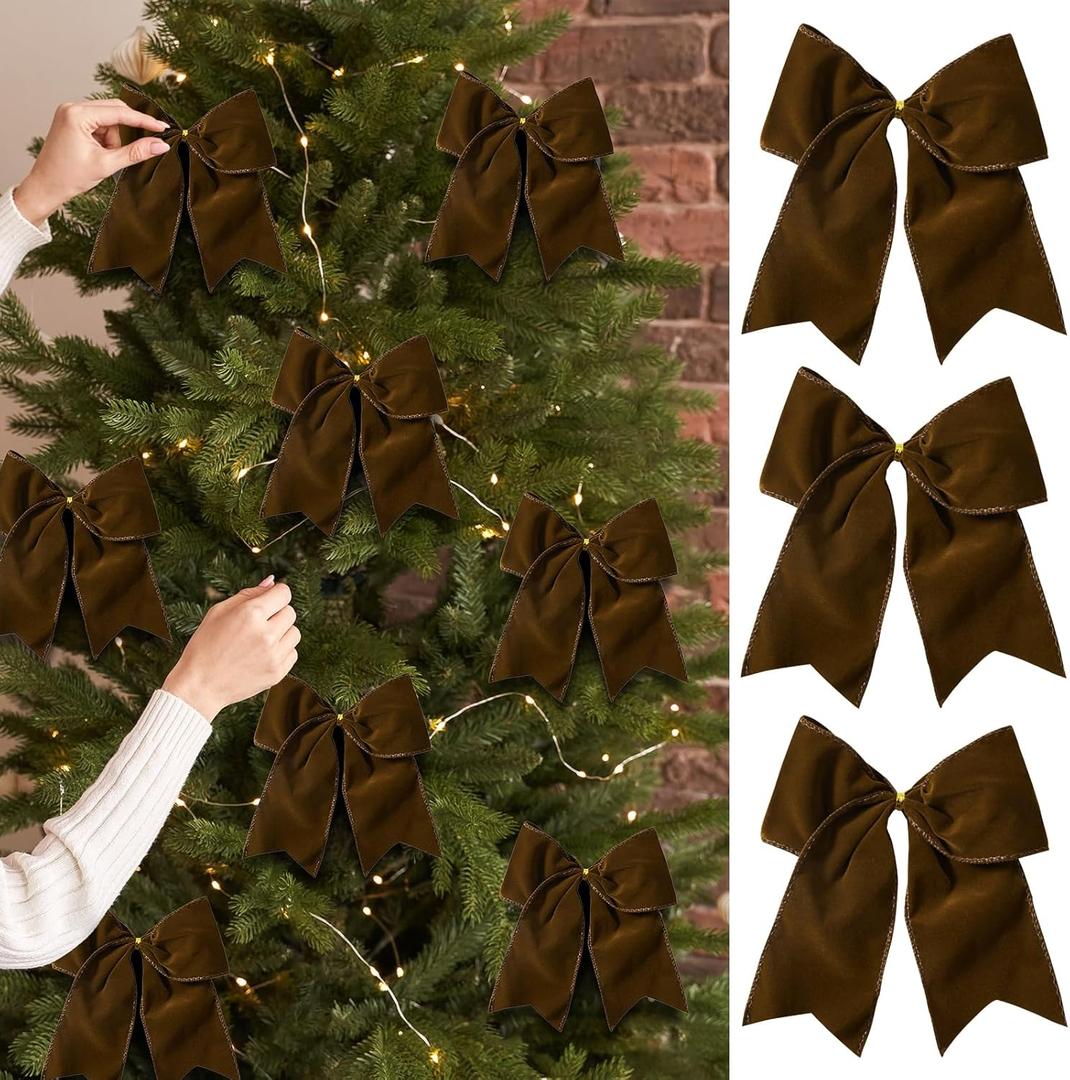 15 Pcs Velvet Bows for Christmas Tree - 6 Inch Vintage Velvet Ribbon Christmas Bows for Gift Wrapping Xmas Tree Topper Bow Ornaments for Garland Wreath Bows Decor (Brown)