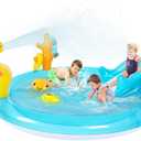 Sea Animal Inflatable Kids Pool with Slide and Sprinkler, Inflatable Play Center with Rings & Animal Figures, 78"x59.5"x15.5" Kiddie Pool for Summer Outdoor Backyard