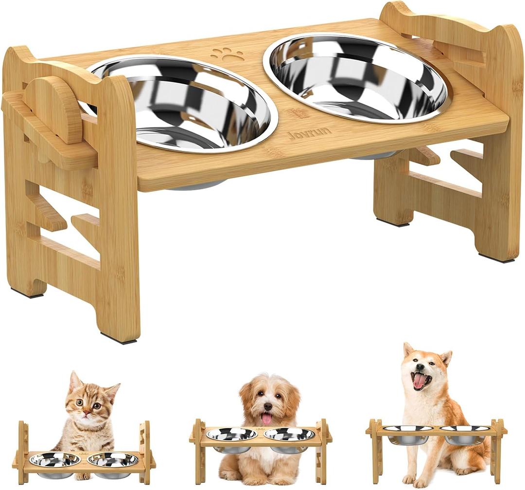 Jovrun Elevated Dog Bowls, Adjustable Raised Dog Bowl Stand for Small Size Dogs and Cats, 15Tilted Elevated Cat Bowls, Durable Bamboo Dogs Feeder with 2 Stainless Steel Bowls and Non-Slip Feet