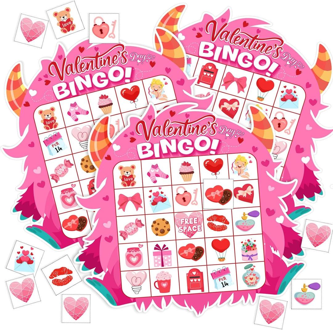 Blosssound Valentine's Day Bingo Game for Kids - Monster Theme Valentines Bingo Cards for 24 Players School Classroom Activities Fun Valentine Party Favors Games for Children Teacher Supplies