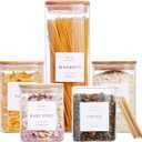 5 Pack Square Glass Pantry Storage Containers with 132 Kitchen Food Pantry Labels - Clear Glass Jars with Airtight Wood Bamboo Lids - Glass Canisters for Cookies, Nuts, Cereal