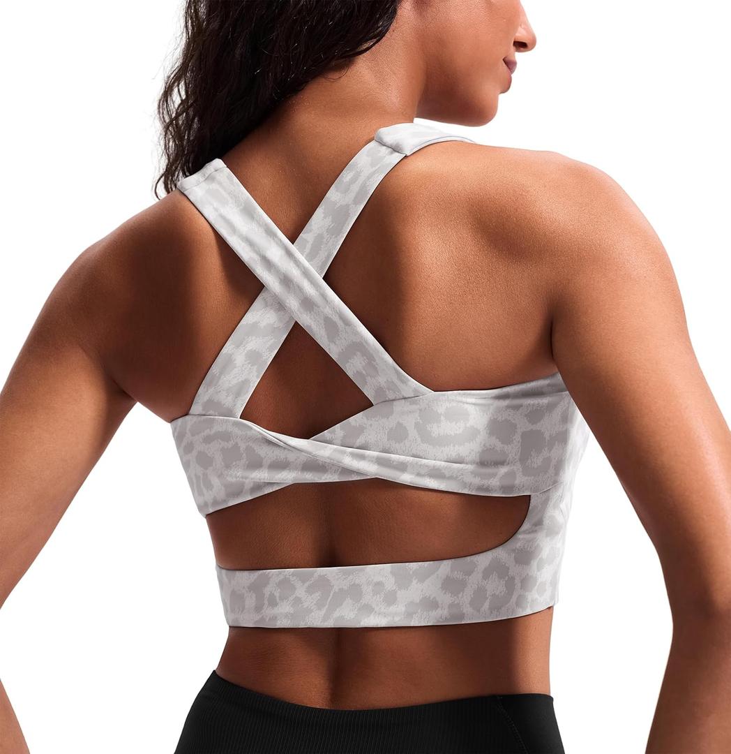 Sports Bras for Women Criss-Cross Back Padded Workout Tank Tops Medium Support Crop Tops for Women (Small, Grey Leopard Printed)