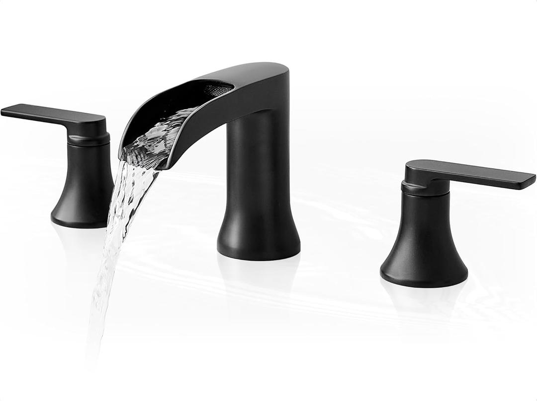 Black Bathroom Faucet 3 Hole, Brass Bathroom Waterfall Faucet 2 Handle, 4-16 Inch Widespread Bathroom Sink Faucets, Restroom Sink Faucet for Vanity with Supply Hoses, NO Equipped Pop-up Drain (Matte Black and Gold - Elegant)