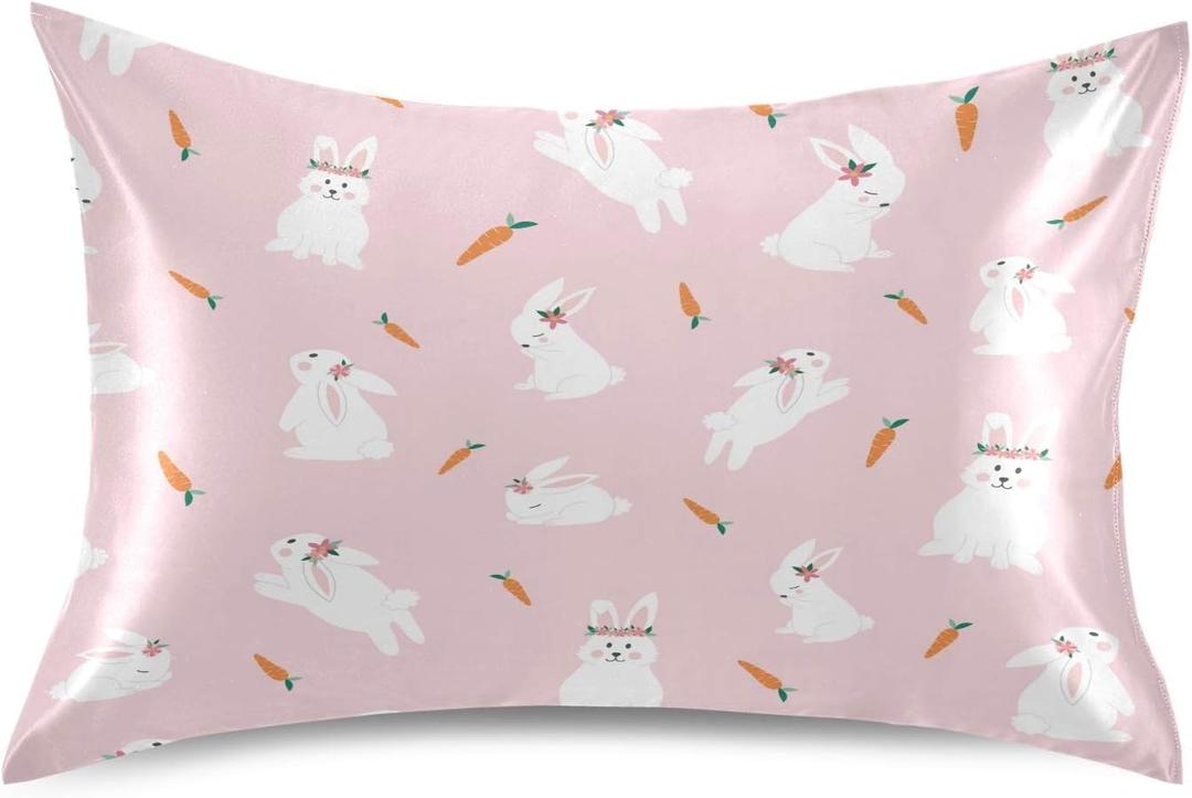 Qilmy Easter Bunnies with Carrots Satin Pillowcase for Hair and Skin with Envelope Closure, Soft and Cozy, Wrinkle Fade Resistant Satin Pillowcase Size Standard 20x26in (A1)