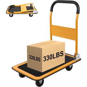 LEADALLWAY Foldable Push Cart Platform Cart 330lbs Capacity 4 Wheels 28.7x18.5x32.3inches Yellow Small Flatbed Cart